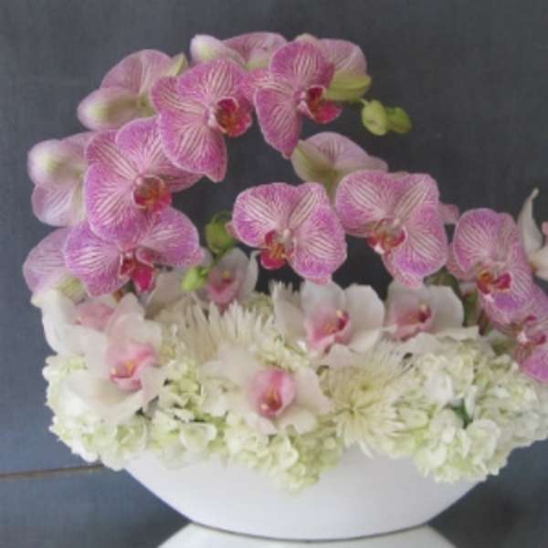 Pink orchids and white flowers arranged in a white bowl vase