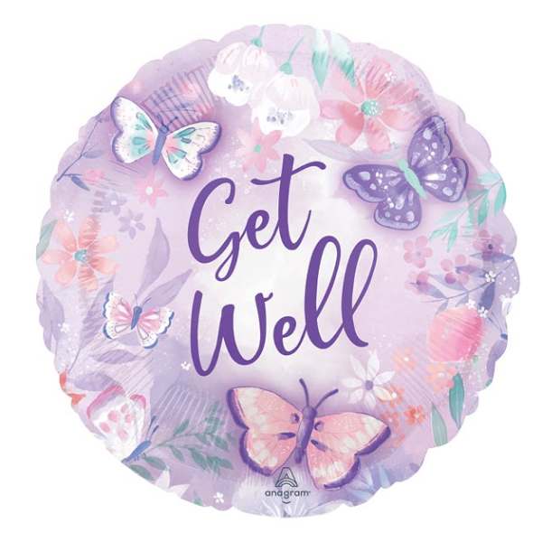 Round lavender balloon with butterflies and "Get Well" text