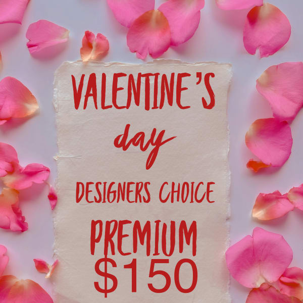 Pink rose petals surround a Valentine’s Day sign with pricing text.