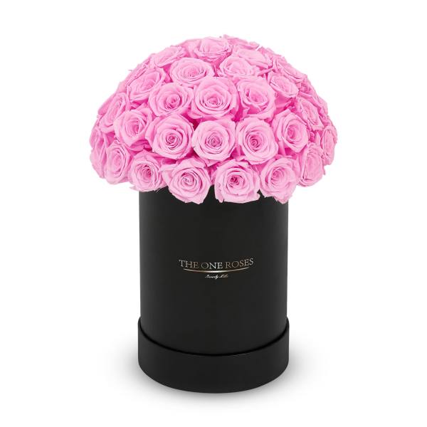 Pink roses arranged in a black cylindrical box