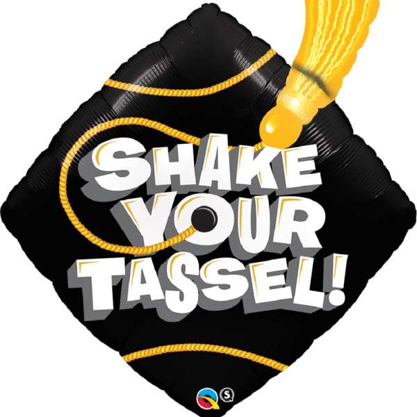 Black graduation cap balloon with gold tassel and "Shake Your Tassel!" text