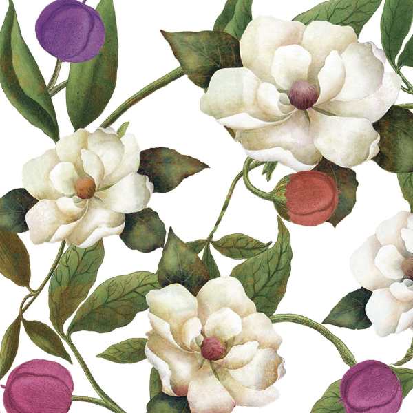 Pattern of white flowers with purple and pink buds on a white background
