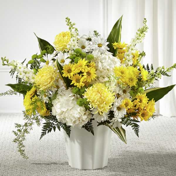 Yellow and white chrysanthemums, daisies, and hydrangeas arranged in a white vase.