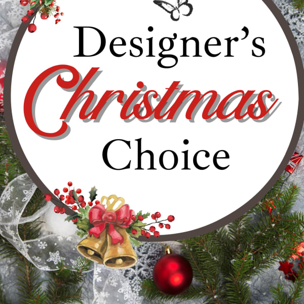 Christmas-themed sign with red floral decorations and bells