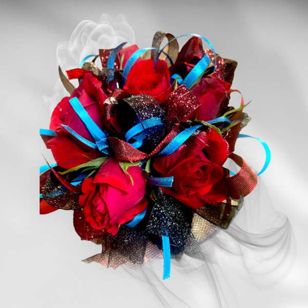Bouquet of red roses with blue ribbon accents and sheer white wrap