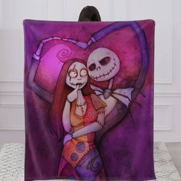 Purple blanket with a cartoon skeleton couple in a heart pose