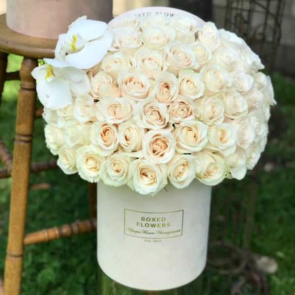 White roses and orchids arranged in a white hat box