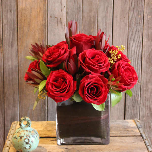 Red roses arranged in a square glass vase
