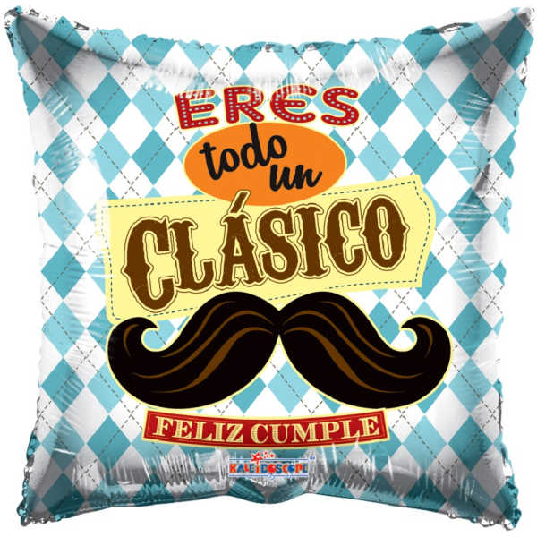 Decorative balloon with Spanish birthday text and a mustache graphic