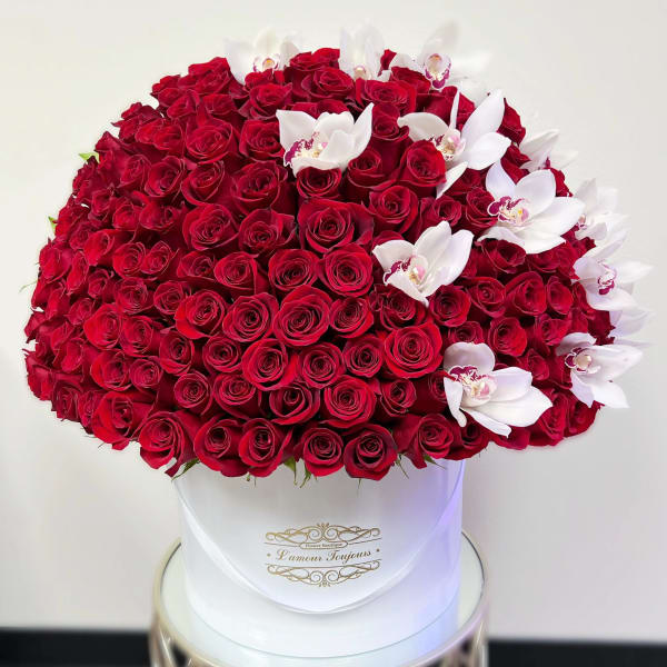 Grand Red Roses Signature Box with Cymbidium Orchids