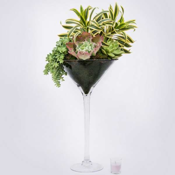 Succulent arrangement in a tall martini glass with a small candle beside it