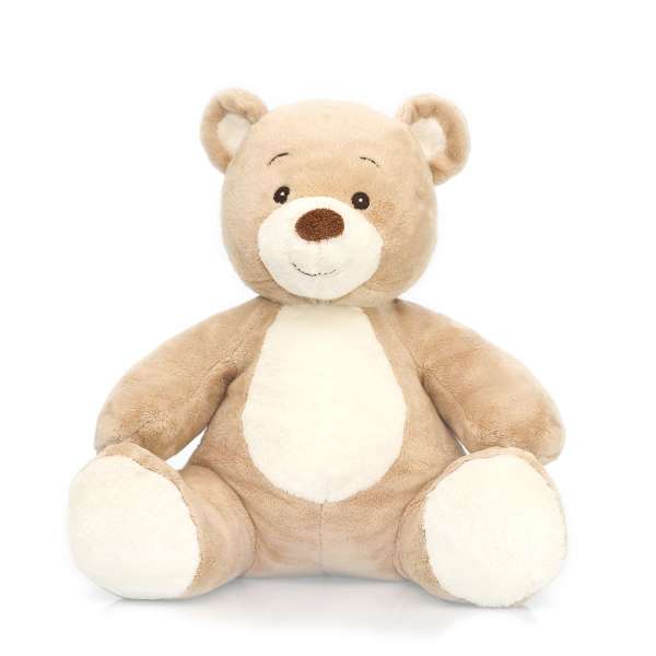 Plush teddy bear sitting upright on a white background