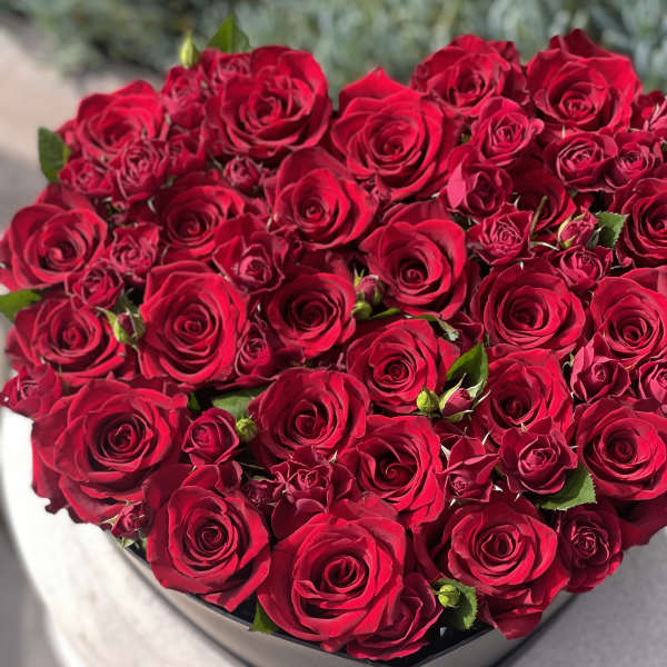 Heart-shaped box filled with red roses