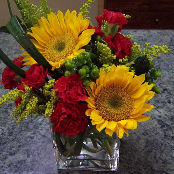 Sunflowers and red carnations in a square glass vase