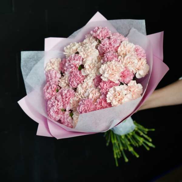 Bouquet of pink and cream carnations wrapped in pastel paper