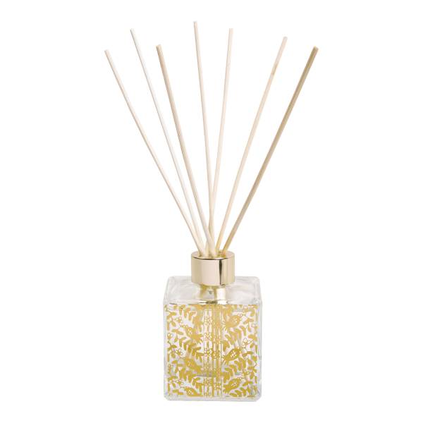 Square glass reed diffuser bottle with gold pattern and reeds