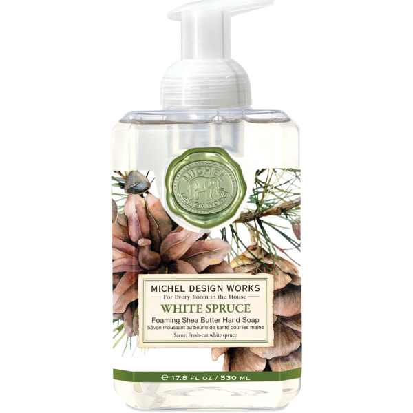 Bottle of foaming hand soap with white spruce label