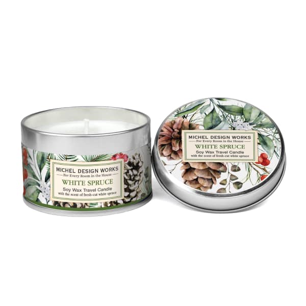 Two white spruce scented candles in silver tins with floral labels