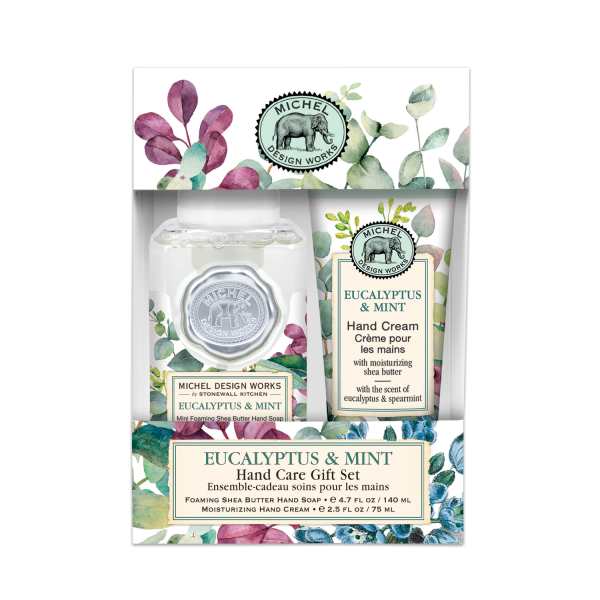Eucalyptus and mint hand care gift set in floral packaging
