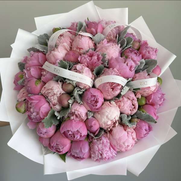 Pink peony bouquet wrapped in white paper with ribbon bands