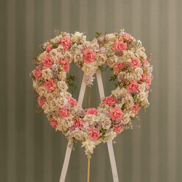 Heart-shaped floral wreath on an easel with pink and cream roses