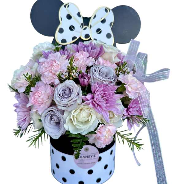 Pastel bouquet in a polka-dot box with a Minnie Mouse topper