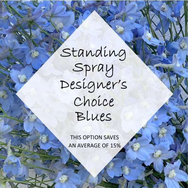 Blue standing spray with a white text overlay