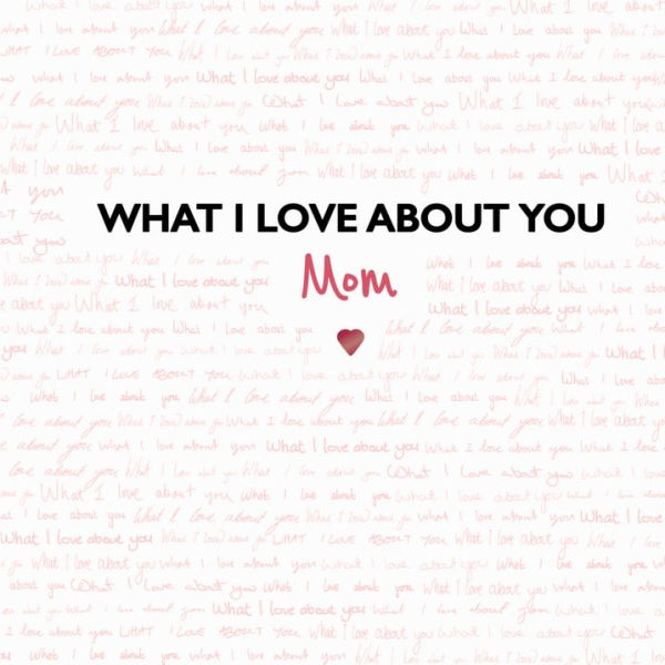 Mother's Day card with "What I Love About You Mom" text and a small heart