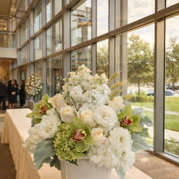 White floral centerpiece in a ceramic vase on a table