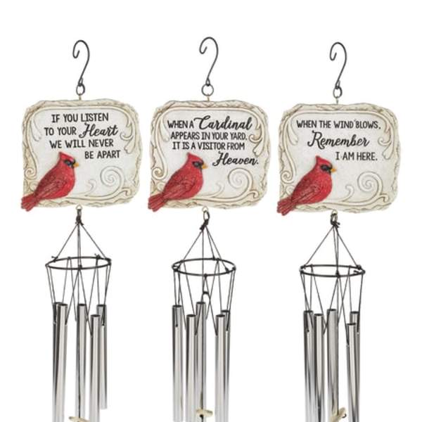 Three cardinal-themed hanging wind chimes with memorial sayings