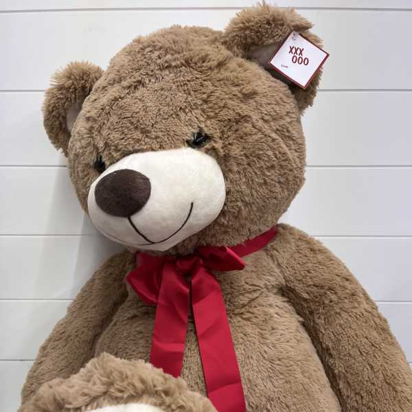 Large brown teddy bear with a red ribbon and a smaller bear in front