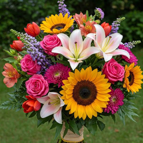 Colorful bouquet with sunflowers, pink roses, lilies, and purple filler flowers