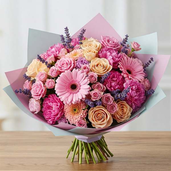 Bouquet of pink and peach roses with gerbera daisies and purple accents