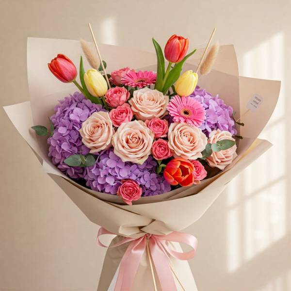 Bouquet of pink roses, purple hydrangeas, and tulips wrapped in beige paper