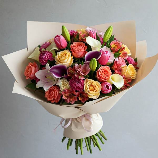 Bouquet of mixed roses, lilies, calla lilies, and pink blooms wrapped in beige paper