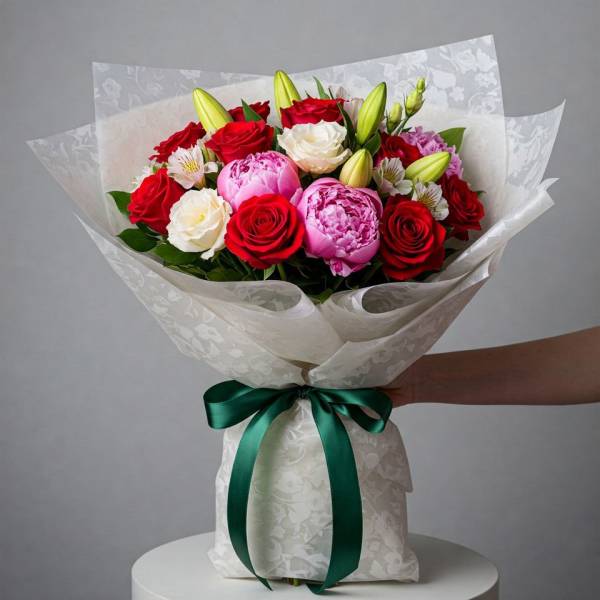 Bouquet of red and white roses with pink peonies and lilies wrapped in white paper