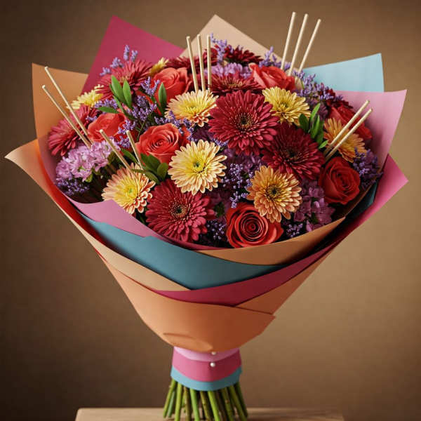 Bouquet of red and yellow flowers wrapped in colorful paper