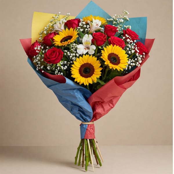 Bouquet of red roses and yellow sunflowers wrapped in red and blue paper