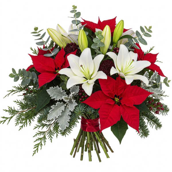 Holiday bouquet with white lilies and red poinsettias