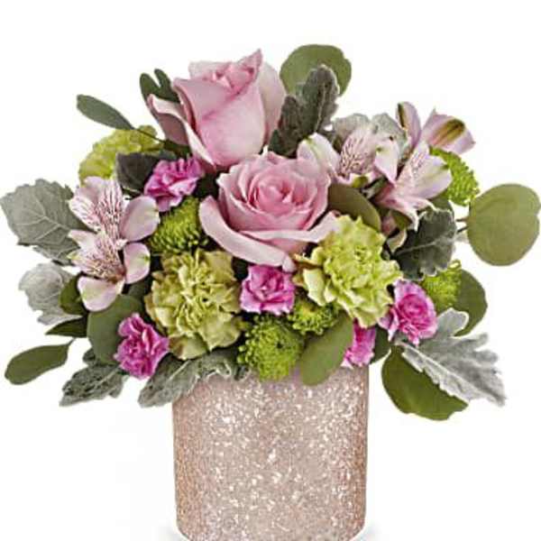 Pink rose bouquet in a glittery rose-gold vase