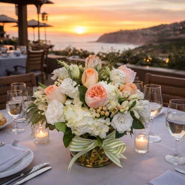 Peach and white floral centerpiece in a gold vase on a dinner table