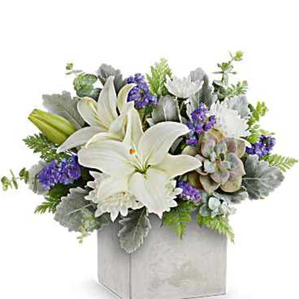 Low white lily and succulent arrangement with purple accents in a gray square container