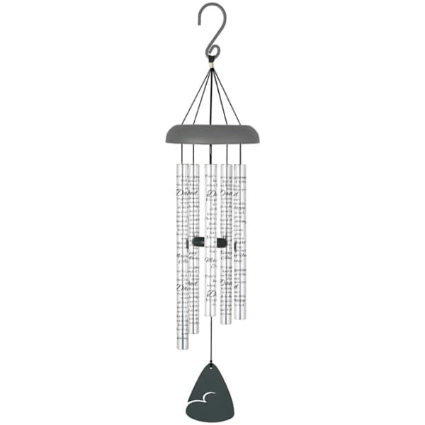 Hanging memorial wind chime with printed tubes and a dark clapper