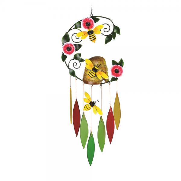 Decorative metal wall hanging with bees, flowers, and dangling leaf shapes