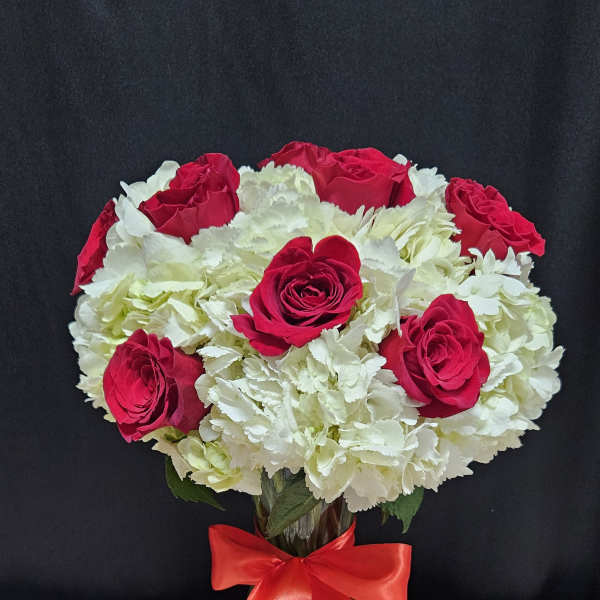 Red roses and white hydrangeas in a glass vase with a red ribbon