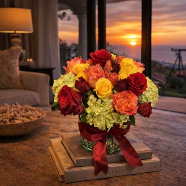 Bouquet of red, yellow, and orange roses in a glass vase with a ribbon