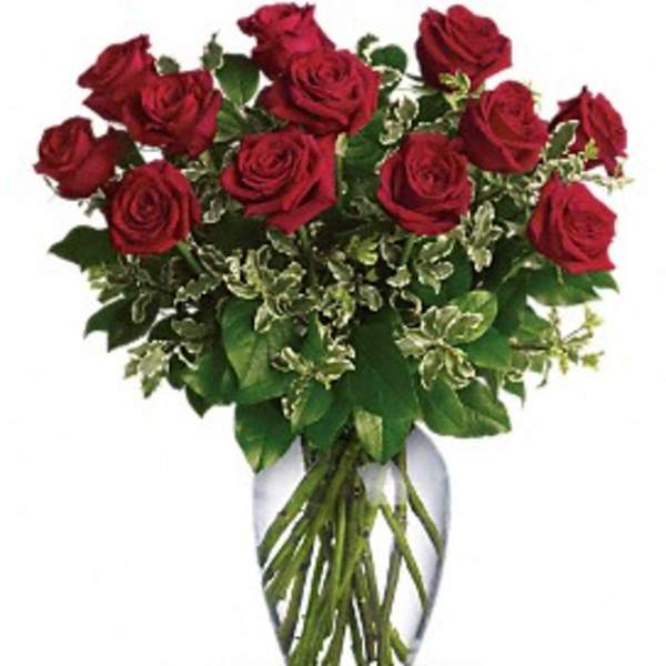 Red roses arranged in a clear glass vase