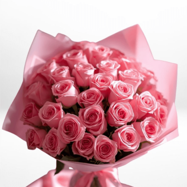 Bouquet of pink roses wrapped in pink paper