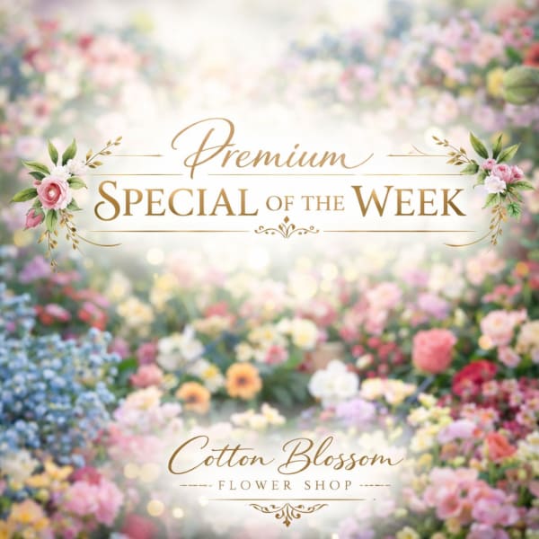 Floral shop promo graphic with pink flowers and gold text