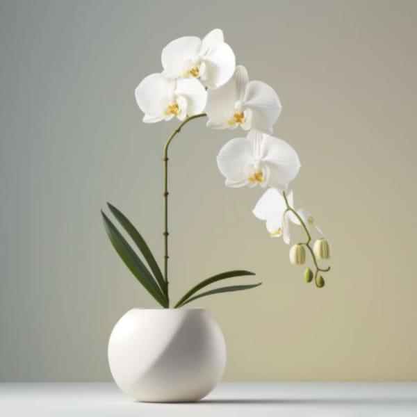 White orchid in a white pot with a curved stem